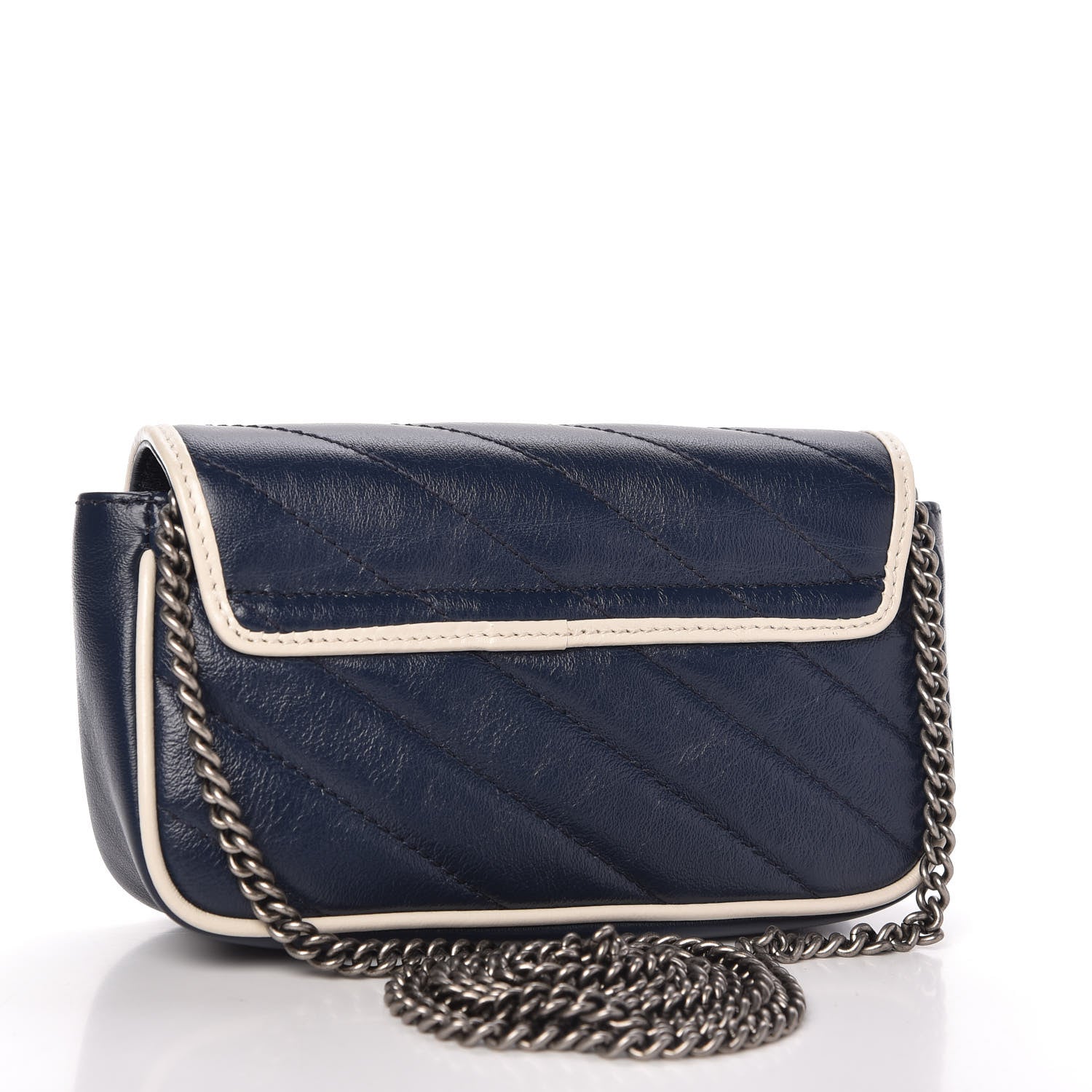 Gucci Vintage Effect Calfskin Matelasse Diagonal Super Mini Torchon GG Marmont Shoulder Bag Blue Agata Mystic White 3 of 11