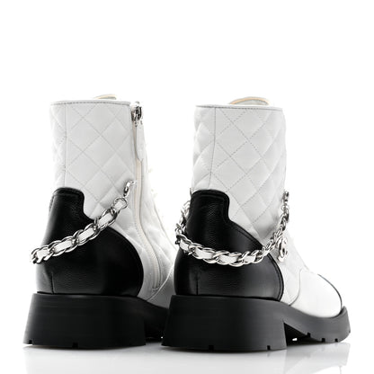 Chanel Caviar Calfskin Quilted Chain Lace Up Combat Boots 38 White Black 4 of 10