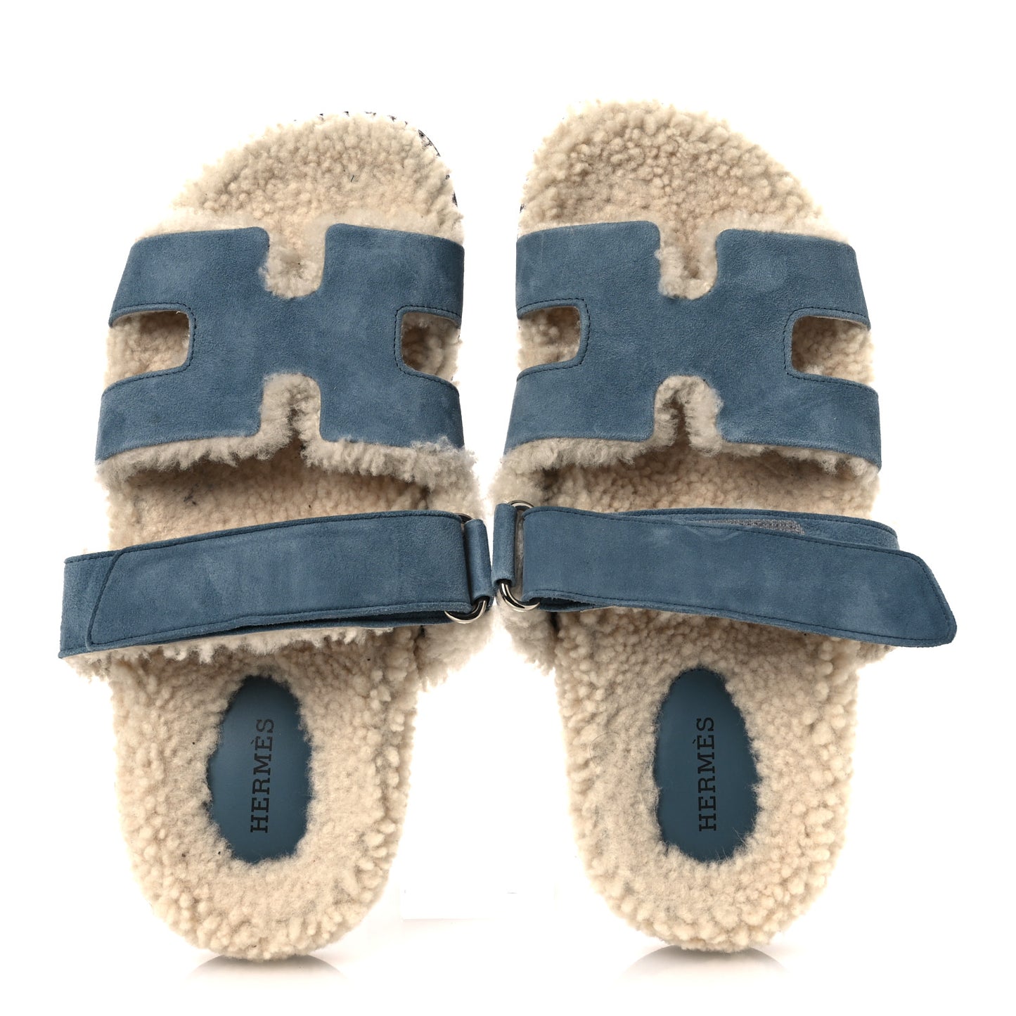 Suede Goatskin Woolskin Womens Chypre Sandals 38 Bleu Pinede Ecru