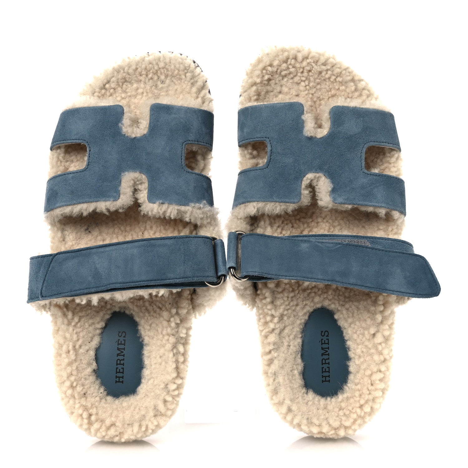 Hermes Suede Goatskin Woolskin Womens Chypre Sandals 38 Bleu Pinede Ecru 2 of 11
