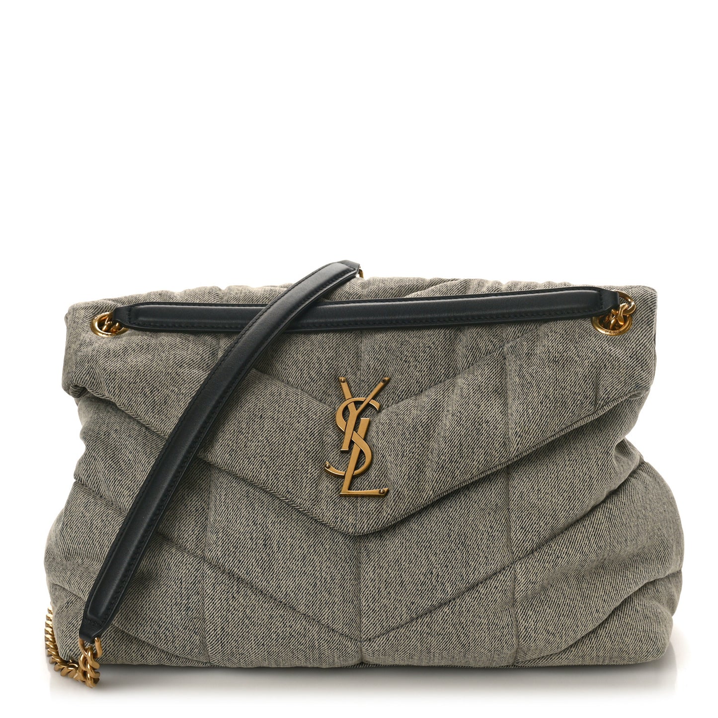 Denim Quilted Medium Loulou Puffer Monogram Chain Satchel Azur