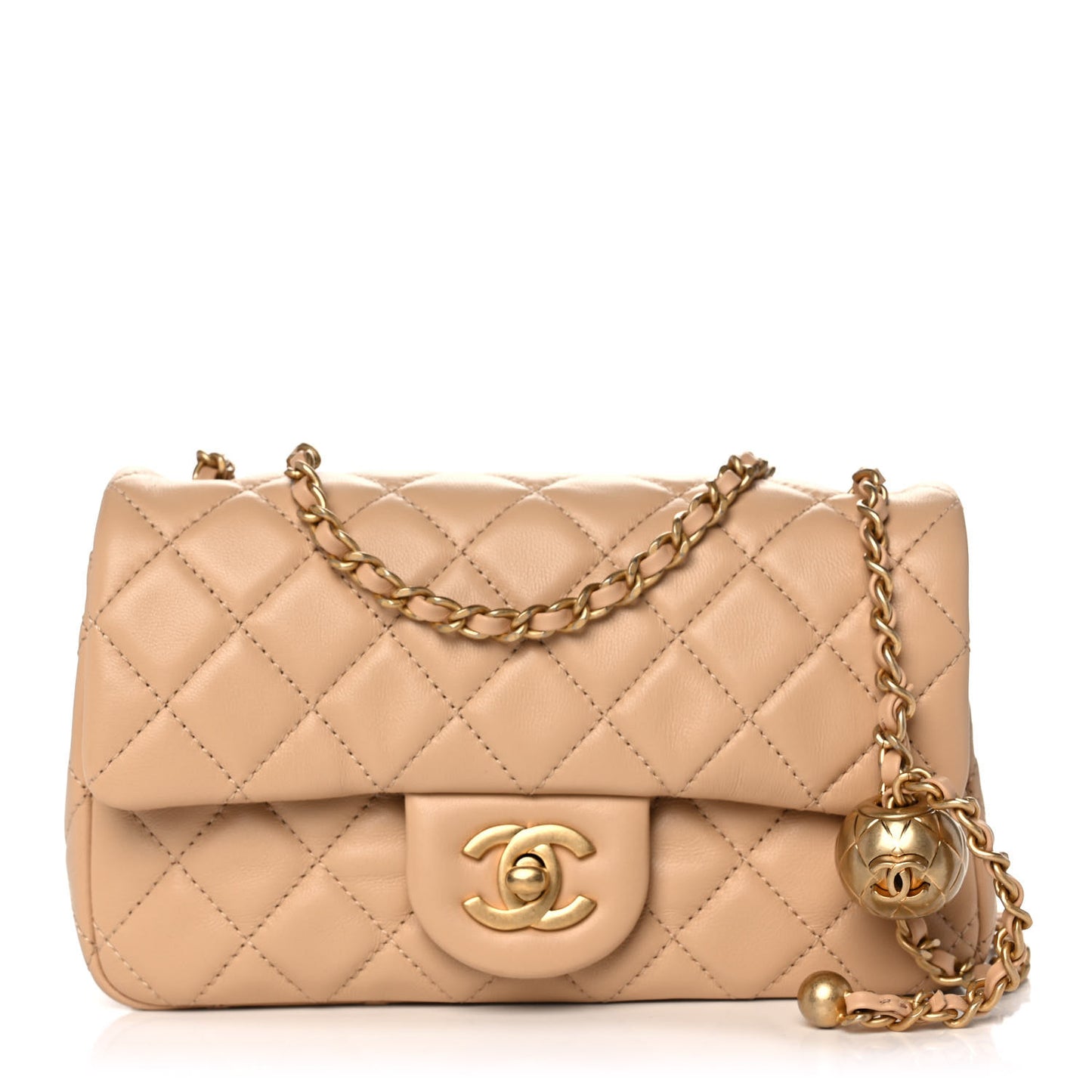 Lambskin Quilted Mini Rectangular Pearl Crush Flap Beige