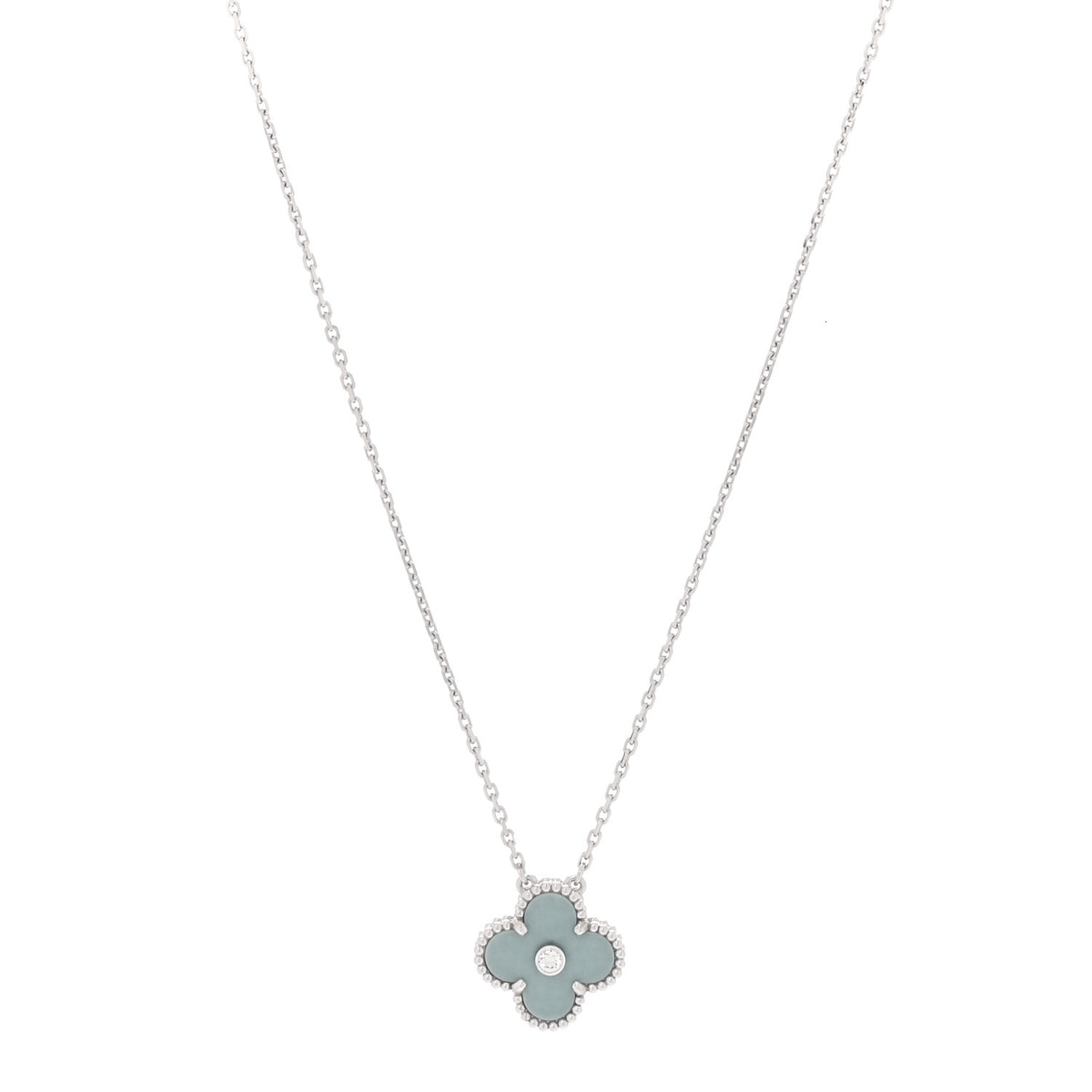 18K White Gold Diamond Celadon Green Sevres Porcelain Vintage Alhambra Pendant Necklace