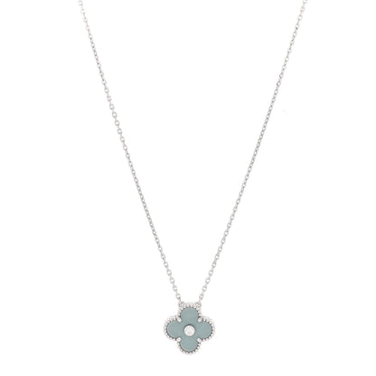Van Cleef & Arpels 18K White Gold Diamond Celadon Green Sevres Porcelain Vintage Alhambra Pendant Necklace 1 of 6