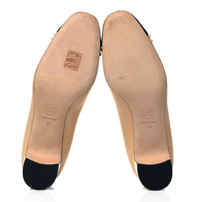 Chanel Lambskin Grosgrain Pearl Cap Toe CC Pumps 36 Beige Black 5 of 9