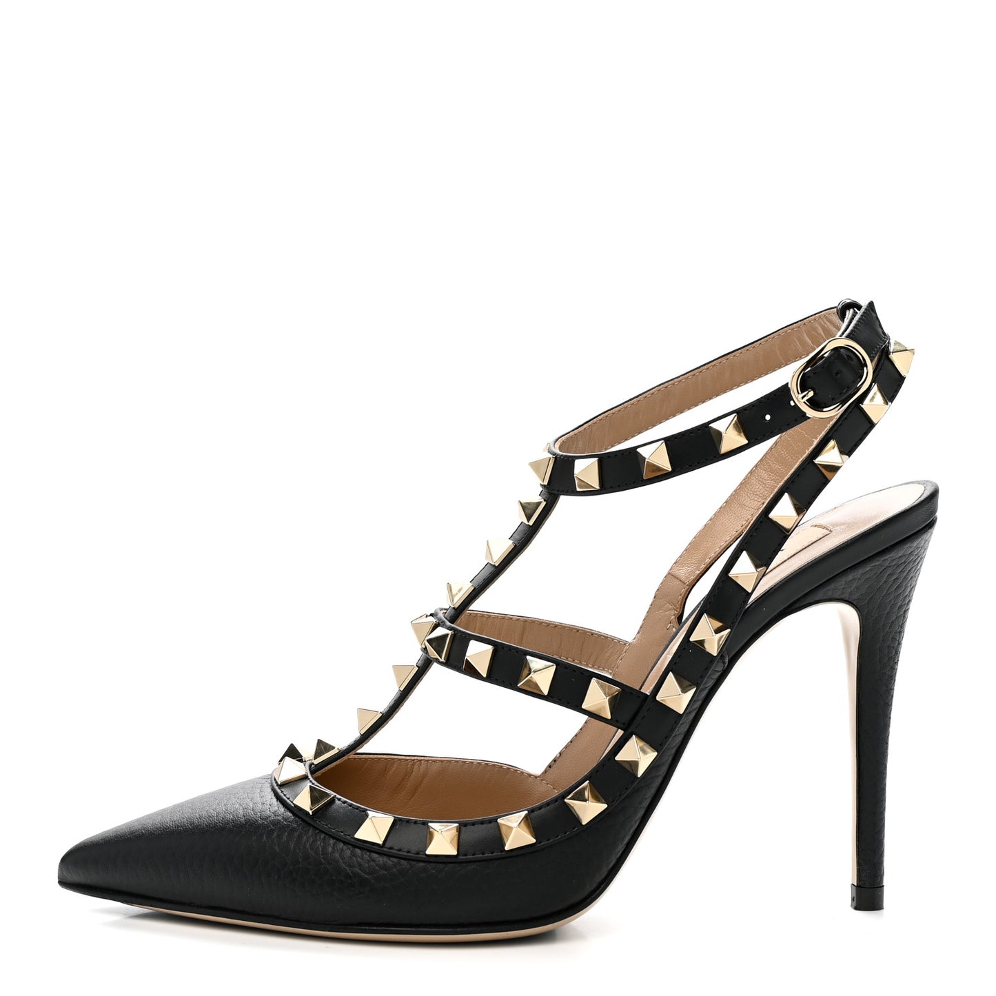 Pebbled Calfskin Rockstud Ankle Strap 100mm Pumps 37 Black