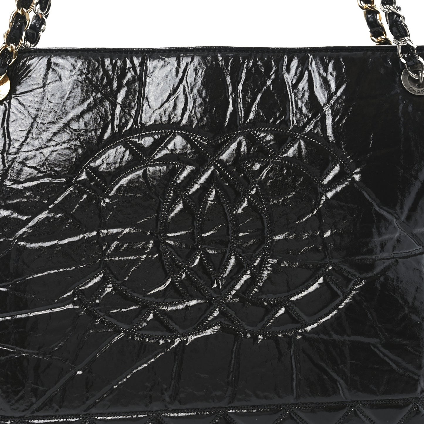 Shiny Aged Calfskin Quilted Large Shopping Bag Black