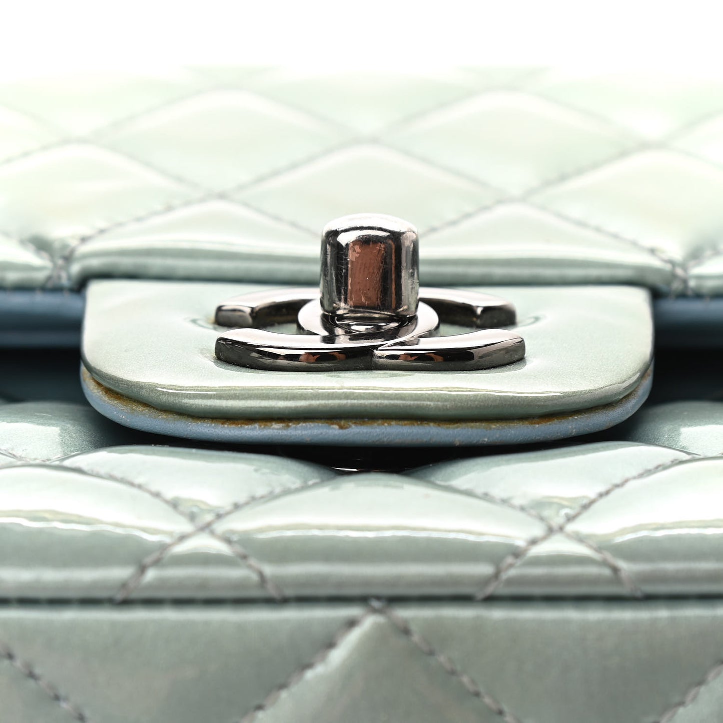 Patent Calfskin Quilted Medium Double Flap Turquoise