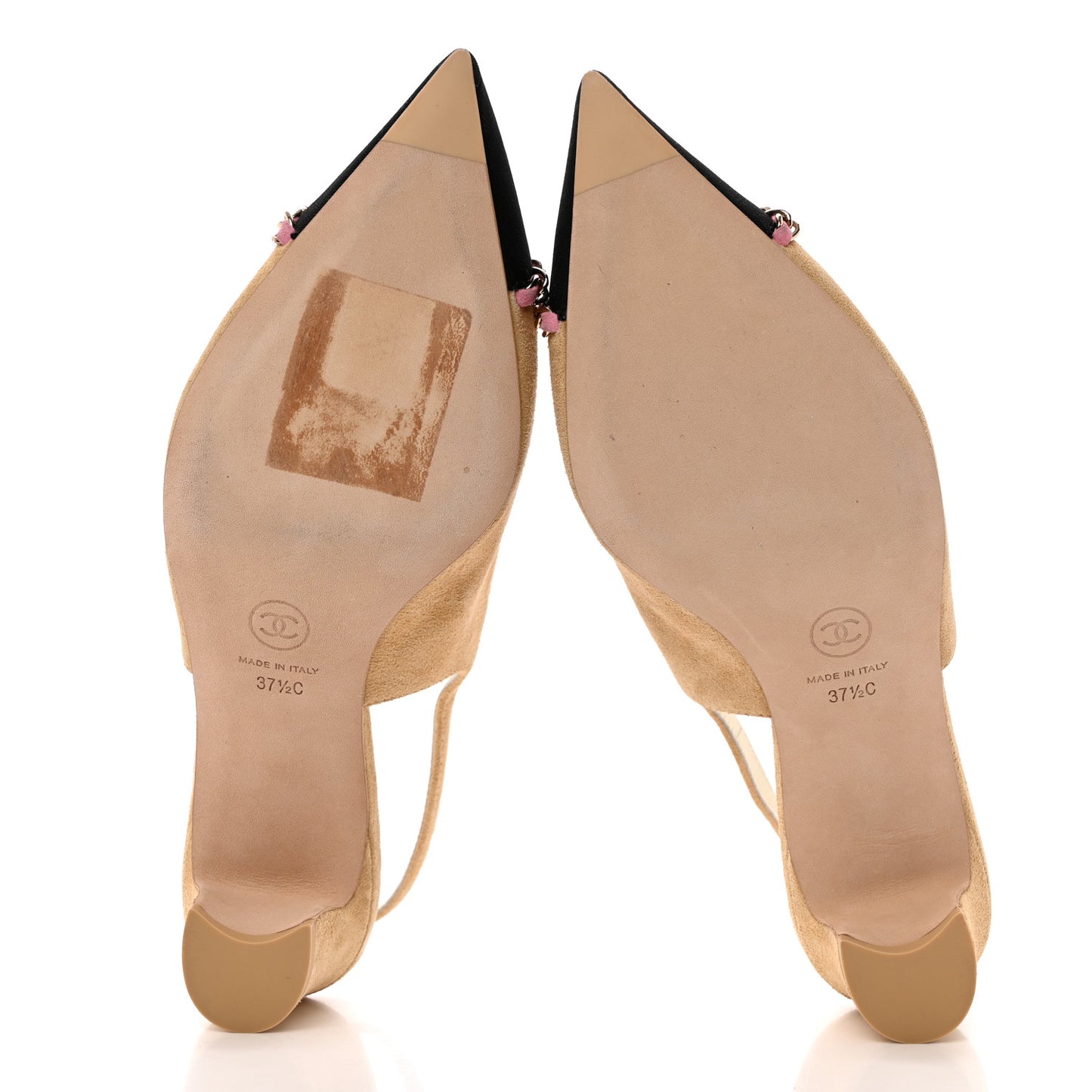 Suede Grosgrain Cap Toe CC Chain Slingback Pumps 37.5 Beige Black Pink