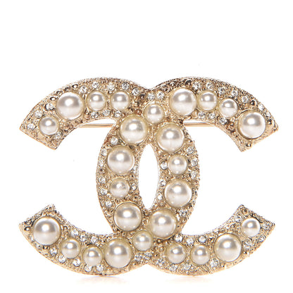 Chanel Pearl Crystal CC Brooch Gold 1 of 5