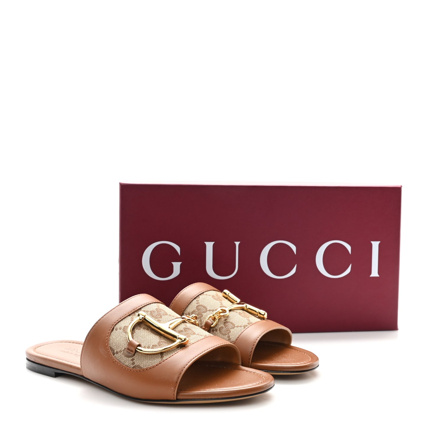 Calfskin Monogram Horsebit Womens Slide Sandals 37.5 Beige Ebony Sundial