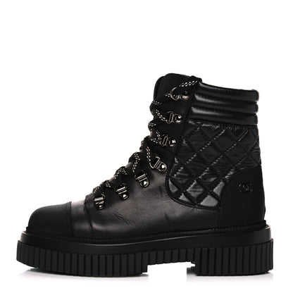 Chanel Calfskin Grosgrain Quilted Lace Up Boots 37 Black Grey 1 of 10