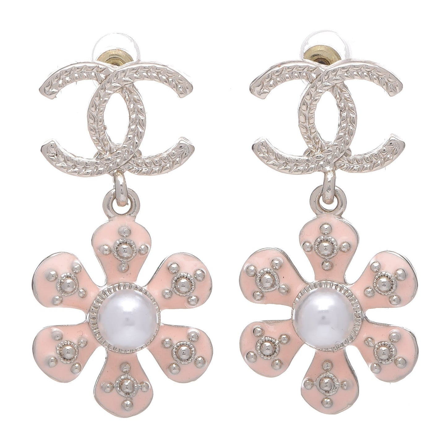 Metal Resin Diamante CC Flower Earrings Gold Beige