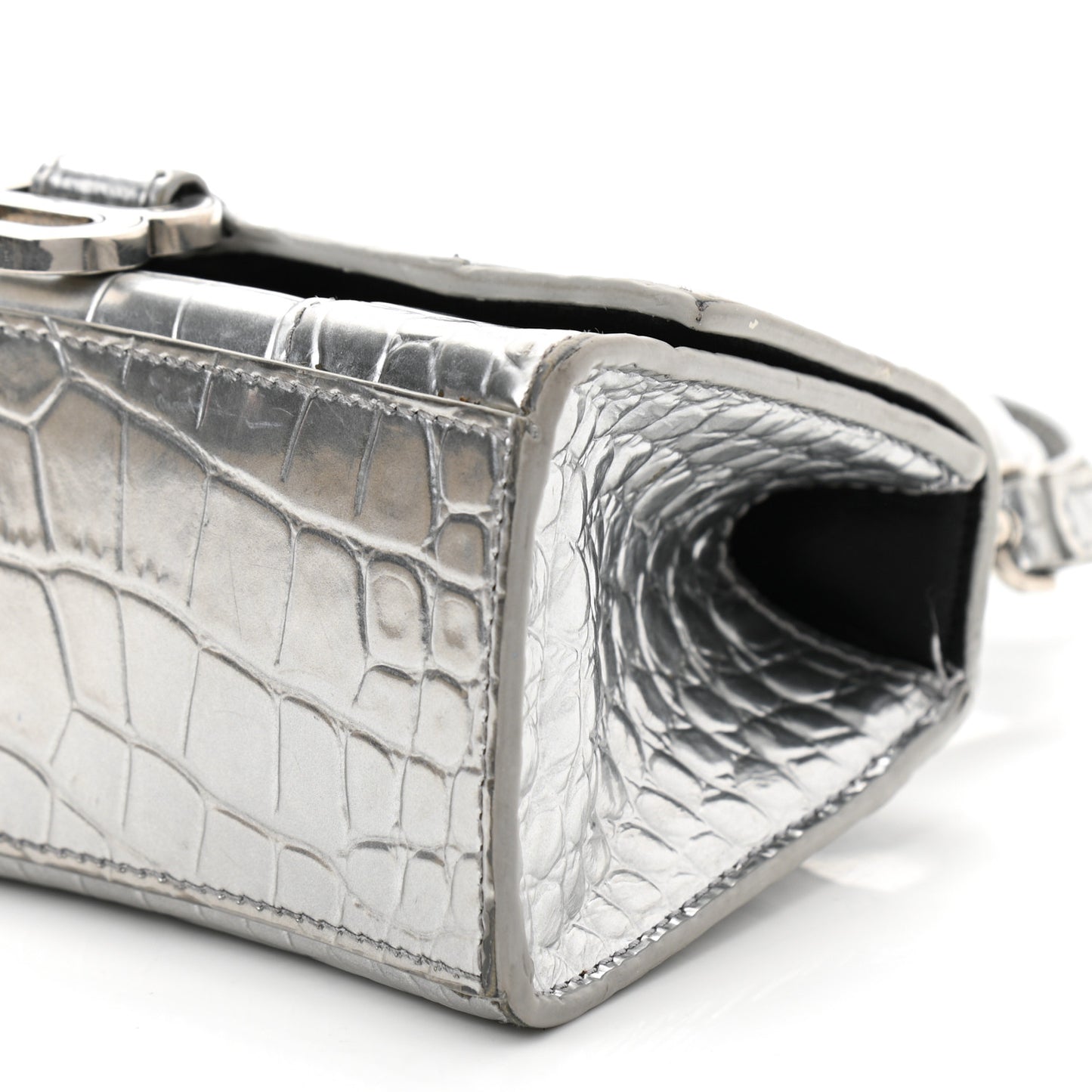 Metallic Calfskin Crocodile Embossed Hourglass Top Handle Bag XS Silver