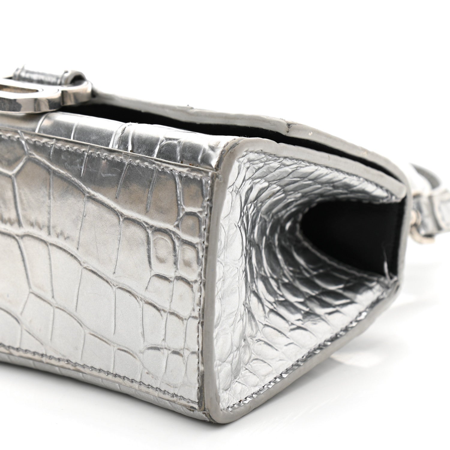 Balenciaga Metallic Calfskin Crocodile Embossed Hourglass Top Handle Bag XS Silver 11 of 13