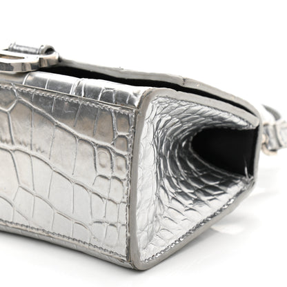 Balenciaga Metallic Calfskin Crocodile Embossed Hourglass Top Handle Bag XS Silver 11 of 13