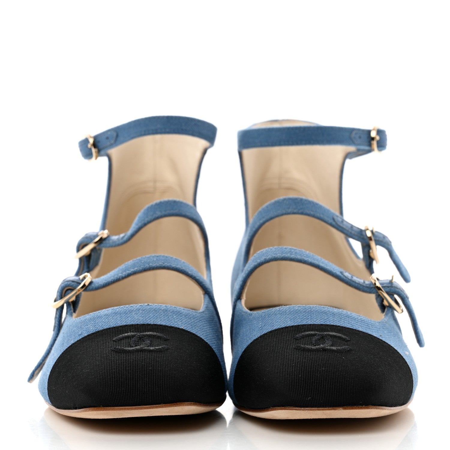 Chanel Denim Grosgrain Cap Toe Mary Jane Flats 37.5 Blue 2 of 9