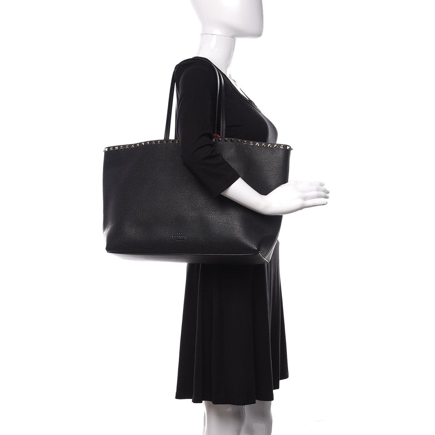 Grained Calfskin Rockstud Shoulder Tote Black