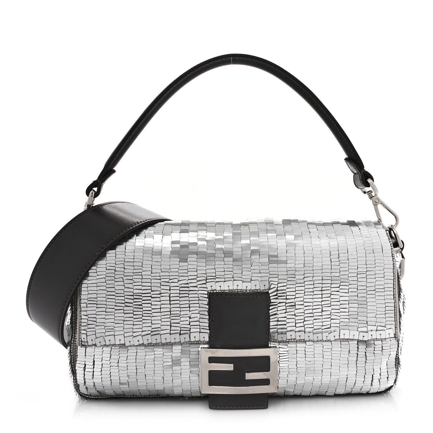 Fendi Sequin Paillettes Capretto Lucido Baguette Argento Moro 1 of 9