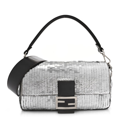Fendi Sequin Paillettes Capretto Lucido Baguette Argento Moro 1 of 9