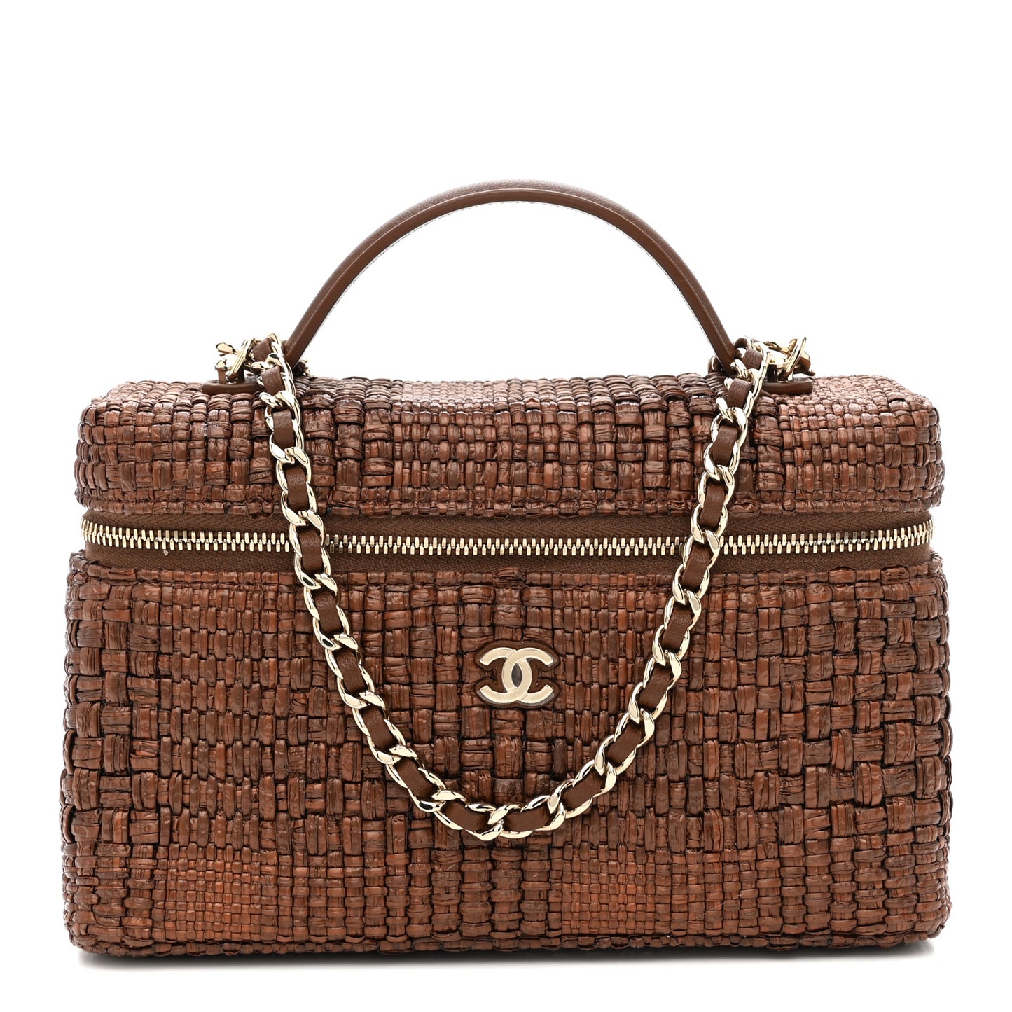 Braided Raffia Quilted Top Handle Slim Vanity With Chain Brown