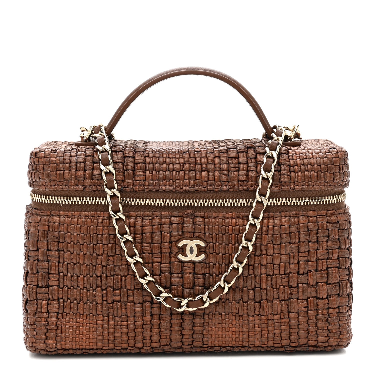 Chanel Braided Raffia Quilted Top Handle Slim Vanity With Chain Brown 1 of 11