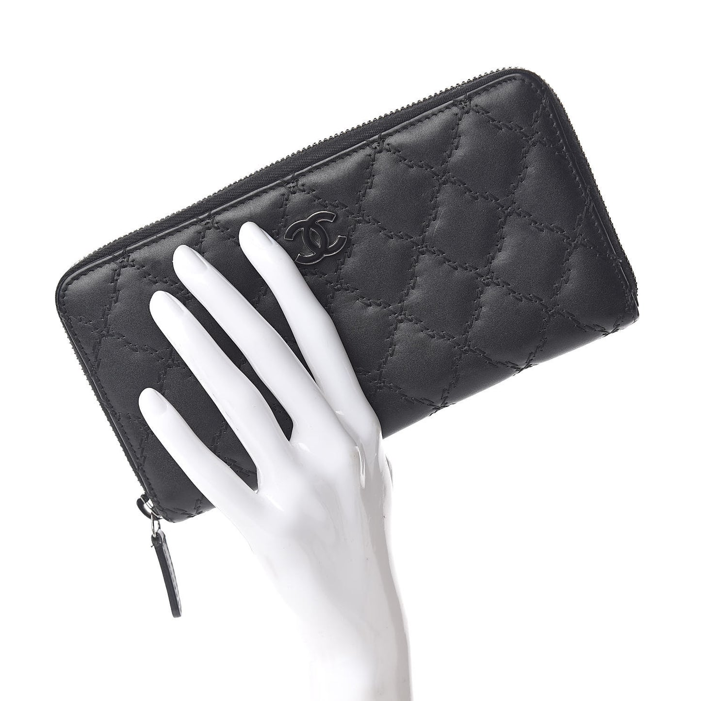 Calfskin Double Stitch Hamptons Zip Around Wallet Black