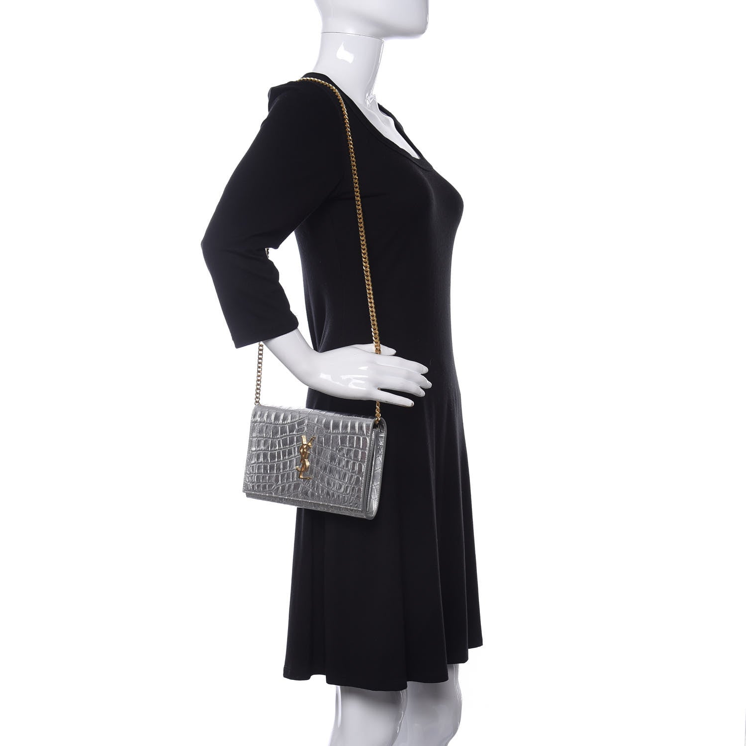 Saint Laurent Calfskin Crocodile Embossed Monogram Chain Wallet Argento 2 of 10