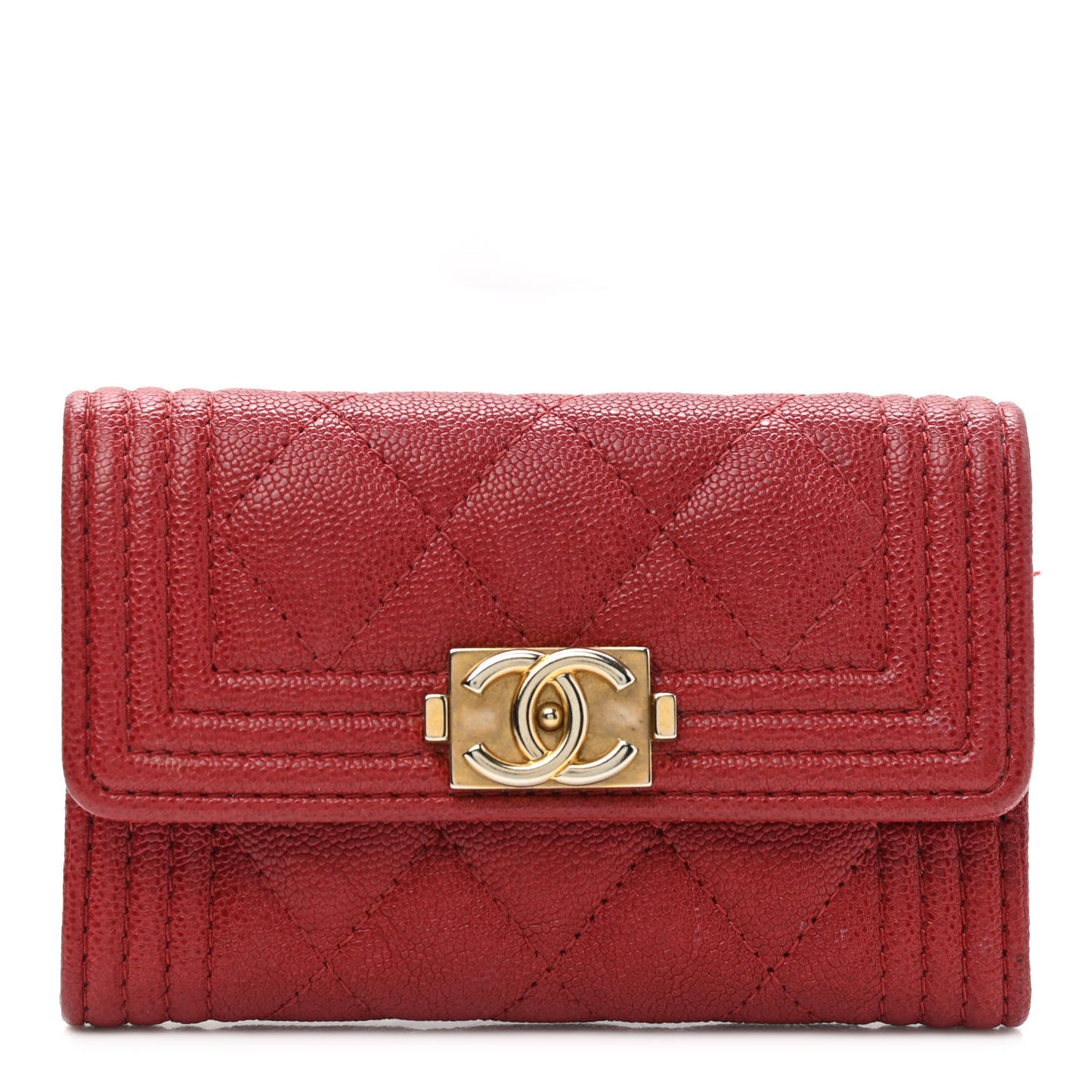 Caviar Quilted Boy Flap Card Holder Wallet Red