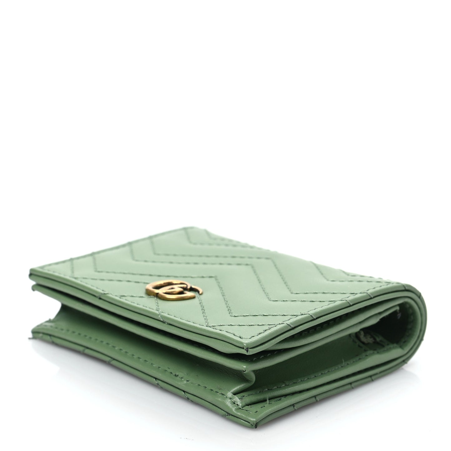 Calfskin Matelasse Chevron GG Marmont Card Case Wallet Salamander Green