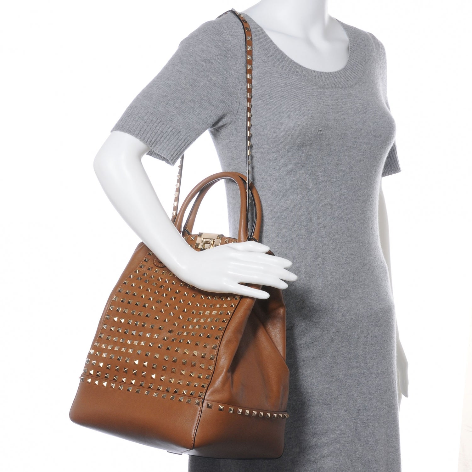 Valentino Garavani Vitello Rockstud All Over New Dome Bucket Tote Cognac 2 of 8