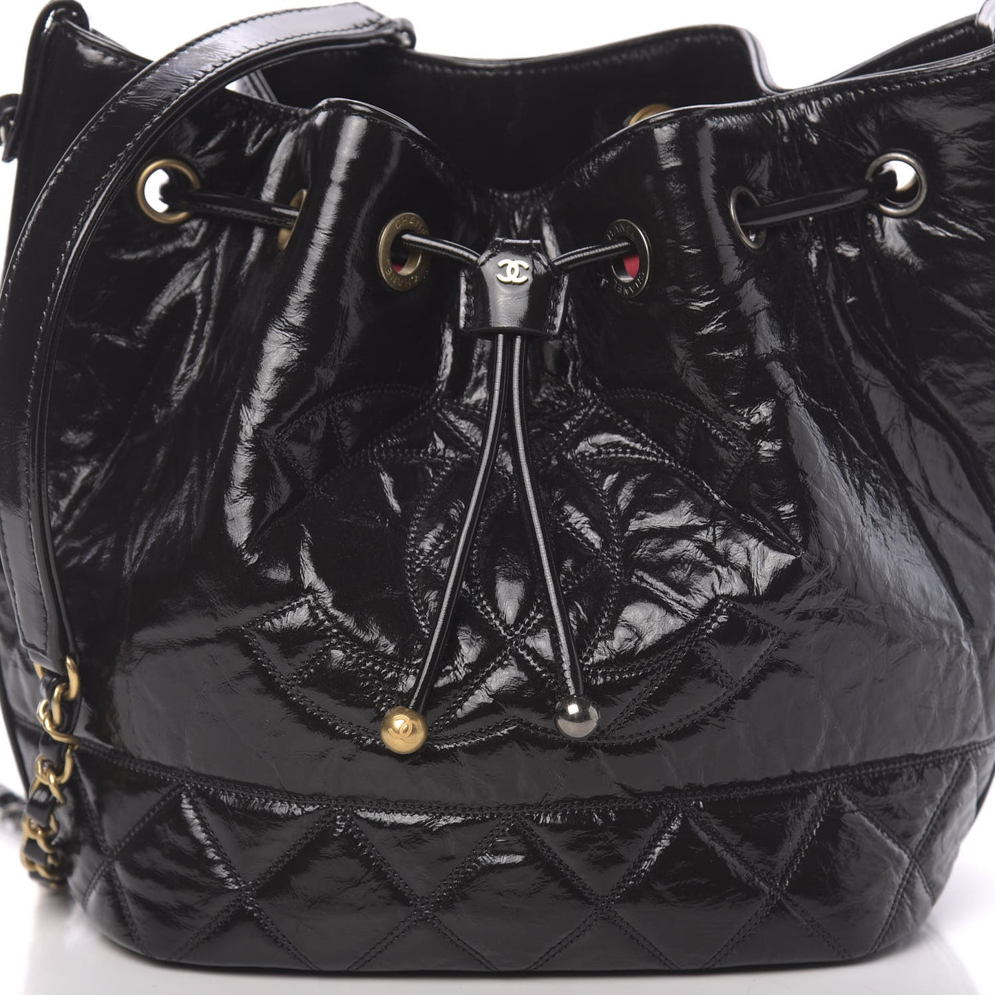 Shiny Aged Calfskin CC Chain Drawstring Bag Black