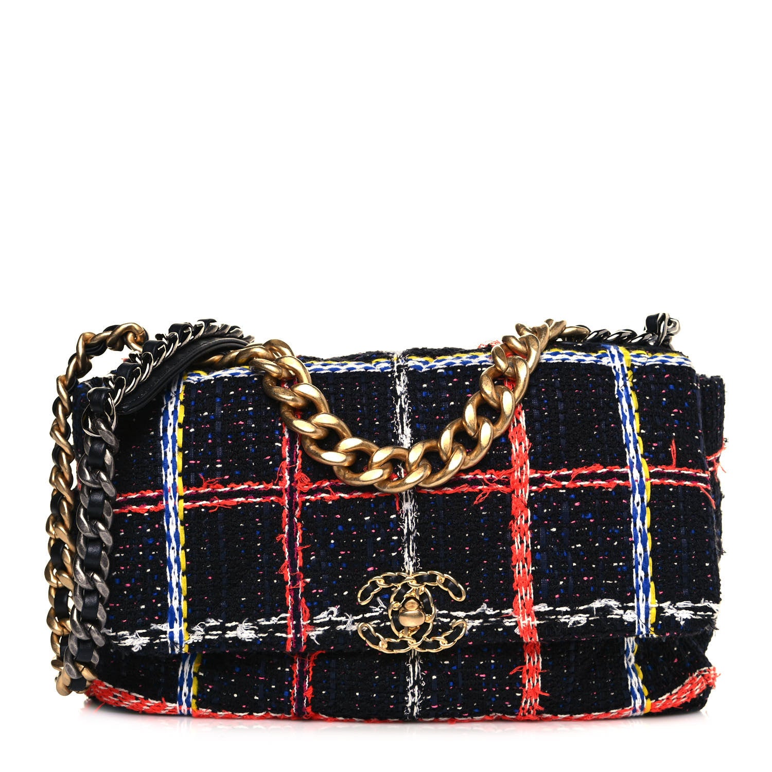 Chanel Tweed Quilted Large Chanel 19 Flap Black Orange Blue 1 of 12