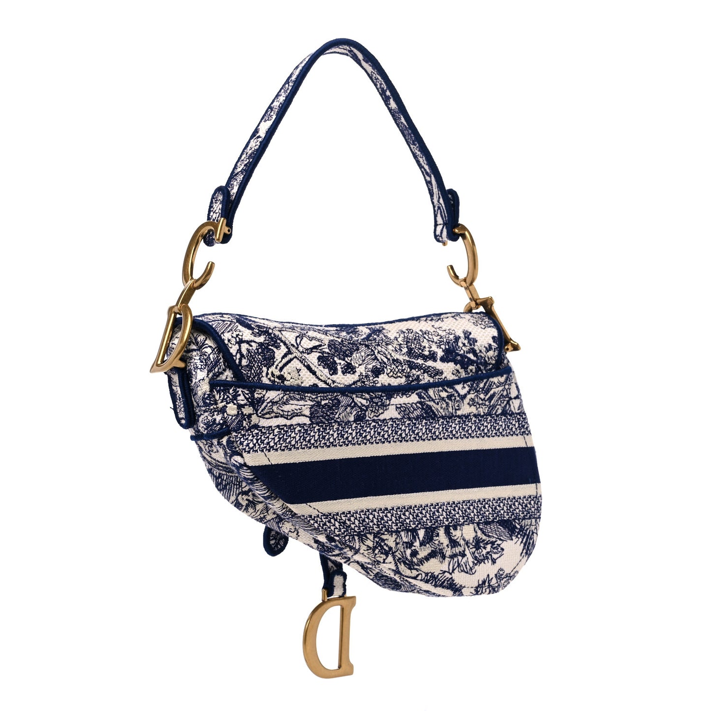 Canvas Embroidered Toile de Jouy Saddle Bag Blue