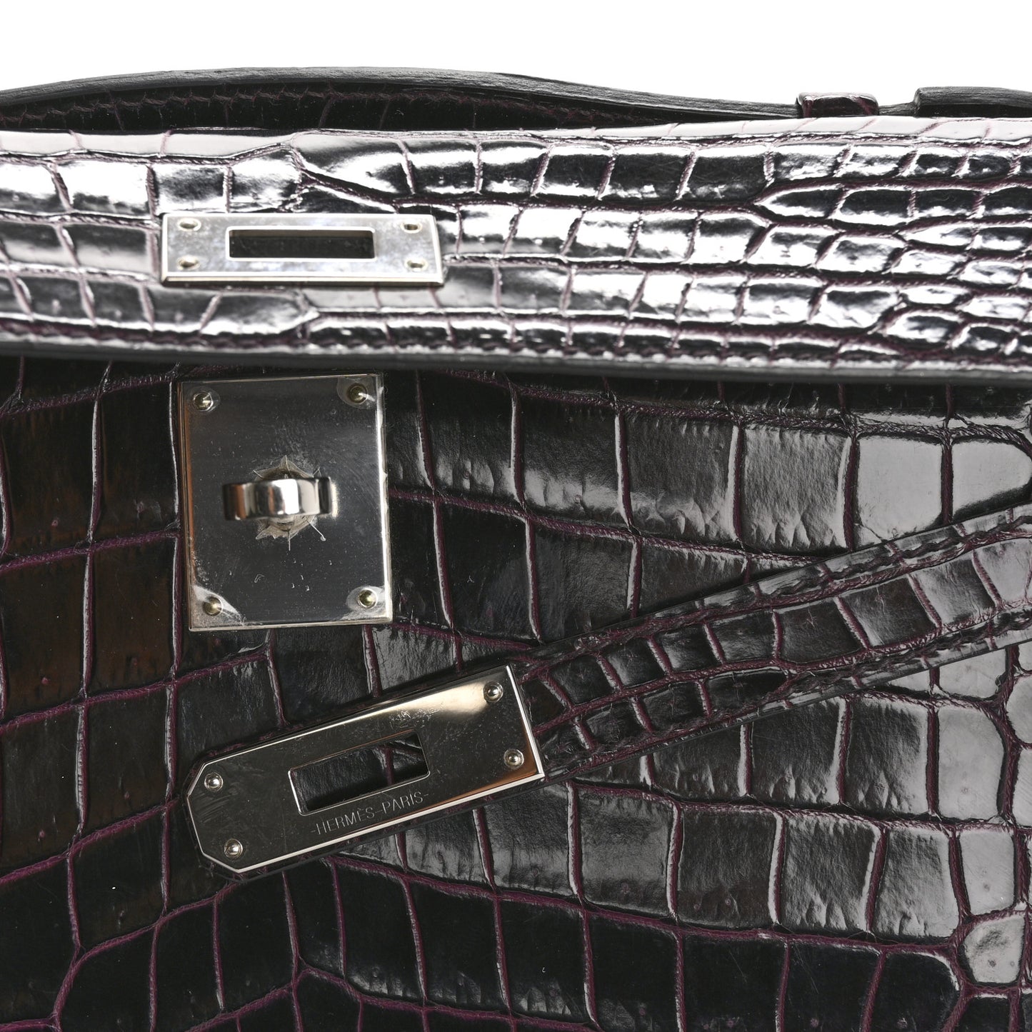 Shiny Porosus Crocodile Kelly Cut Pochette Amethyst