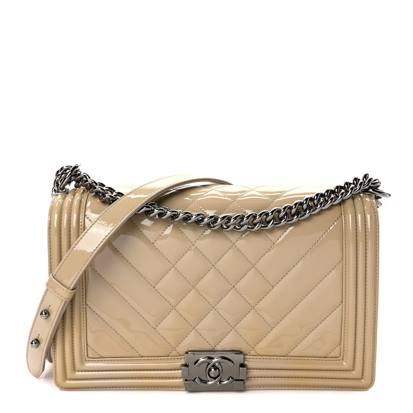 Patent Chevron Medium Boy Flap Beige