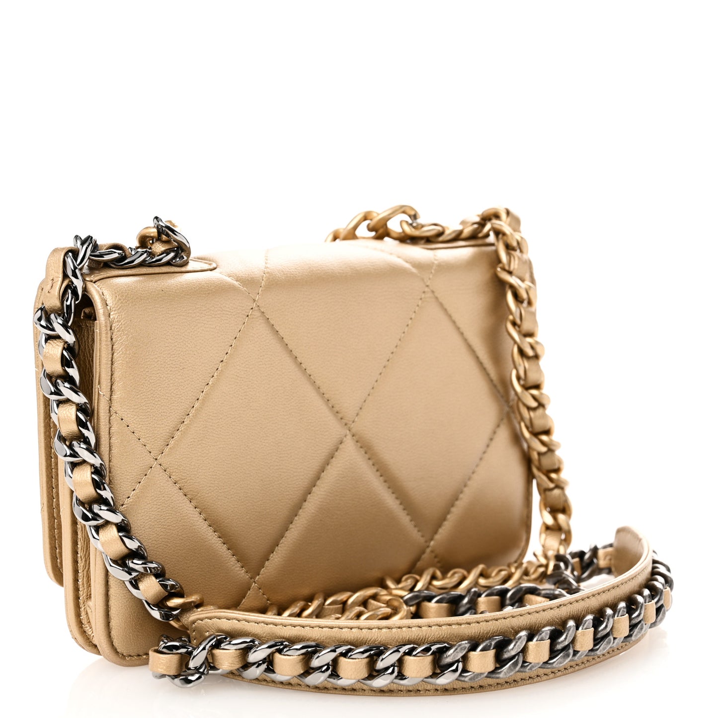Metallic Goatskin Quilted Chanel 19 Wallet On Chain WOC Gold