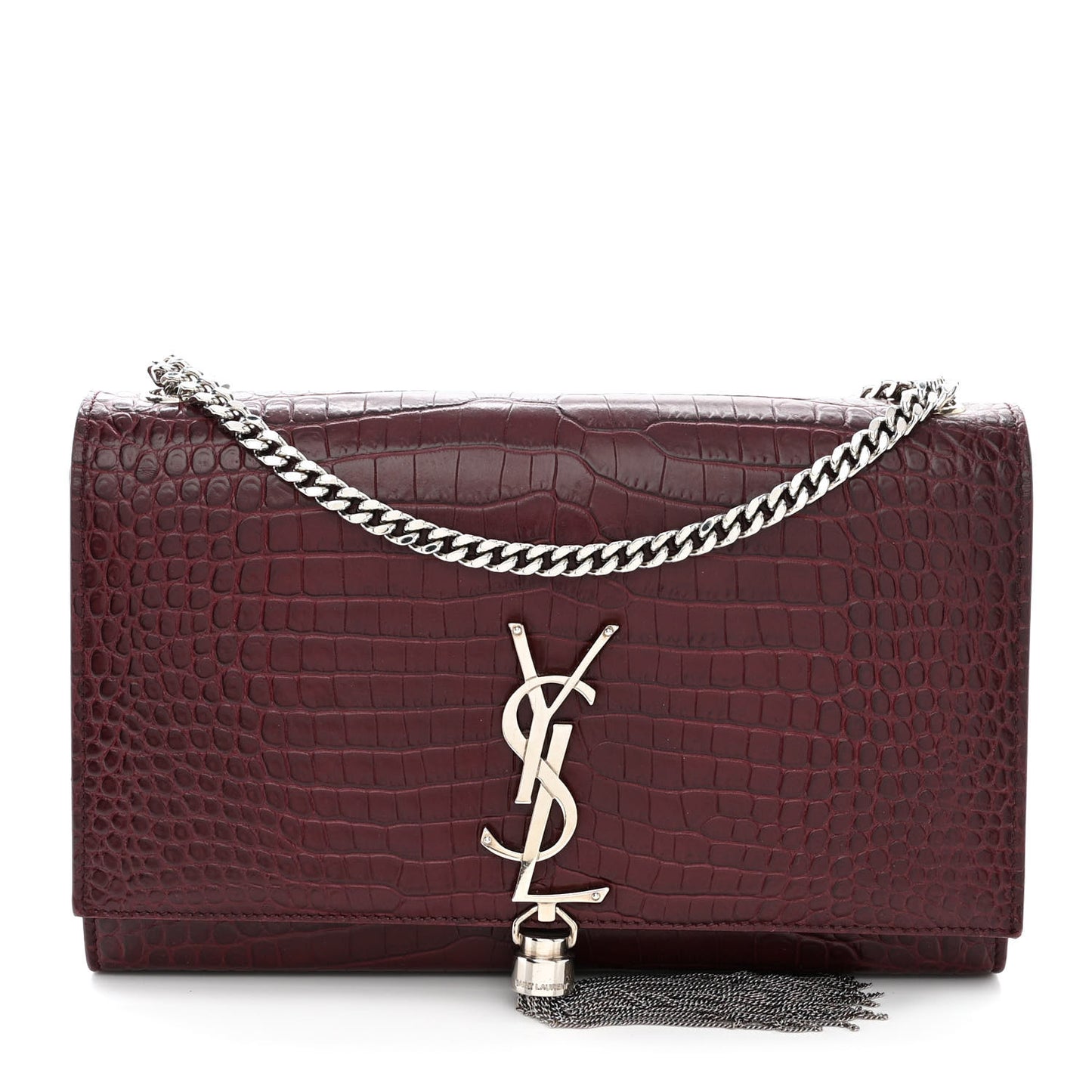 Calfskin Crocodile Embossed Medium Classic Monogram Kate Tassel Satchel Dark Red