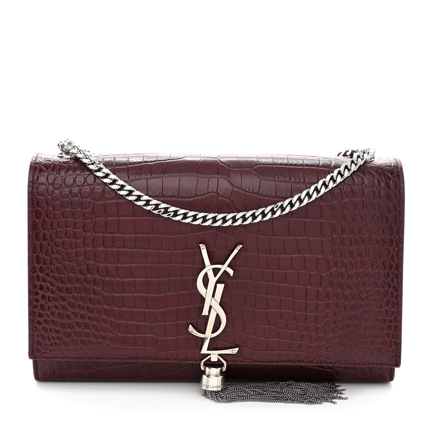 Saint Laurent Calfskin Crocodile Embossed Medium Classic Monogram Kate Tassel Satchel Dark Red 1 of 12