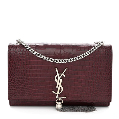 Saint Laurent Calfskin Crocodile Embossed Medium Classic Monogram Kate Tassel Satchel Dark Red 1 of 12