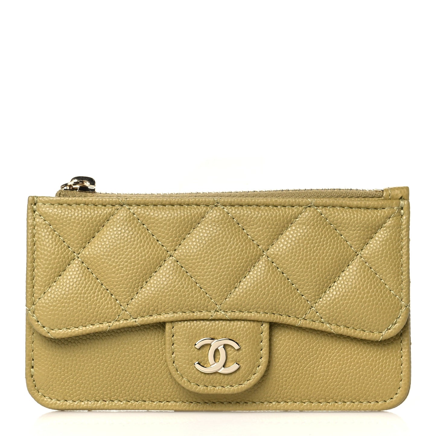 Caviar Quilted Flap Zip Card Holder Green