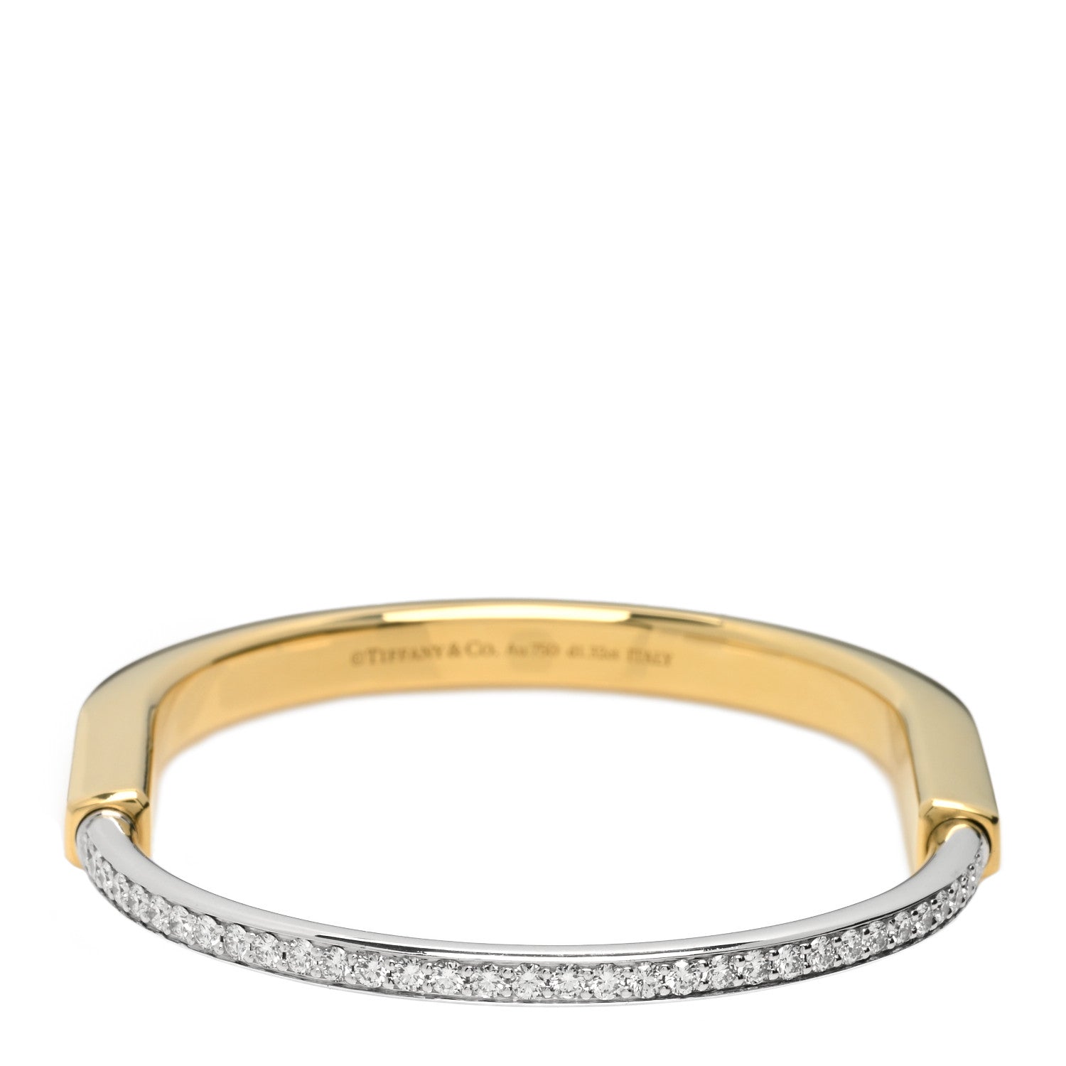Tiffany 18K Yellow White Gold Diamond Tiffany Lock Half Pave Bangle Bracelet 3 of 6