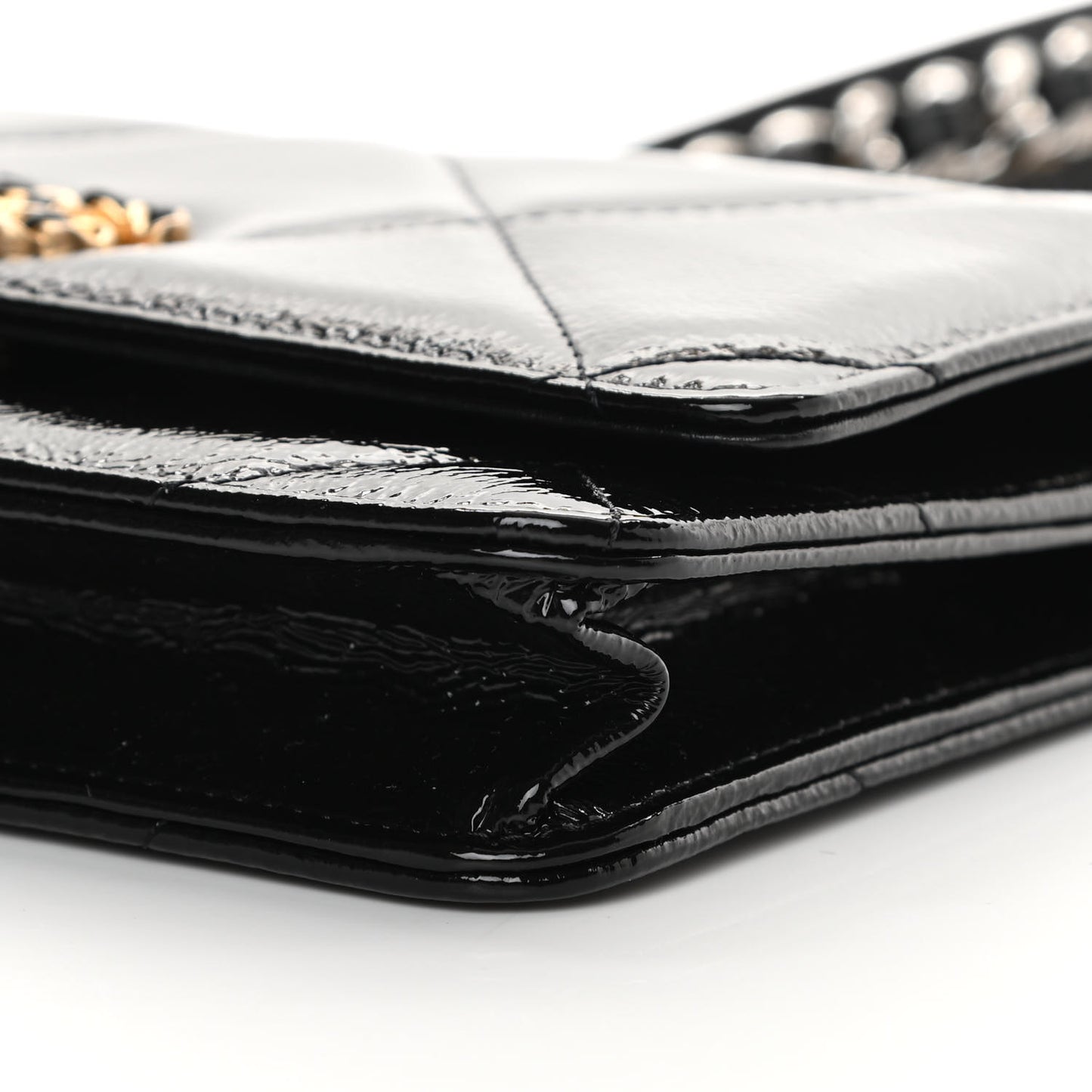 Shiny Crumpled Calfskin Quilted Chanel 19 Wallet On Chain WOC Black
