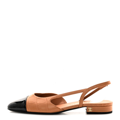 Chanel Calfskin Crocodile Embossed Patent Cap Toe CC Slingback Flats 37.5 Brown Black 1 of 11