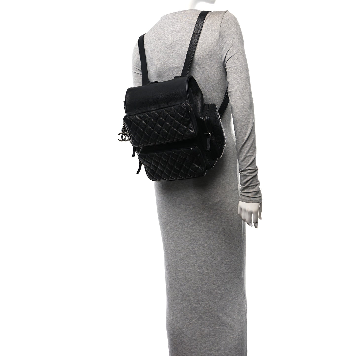 Grained Calfskin Quilted Large Casual Rock Backpack Black
