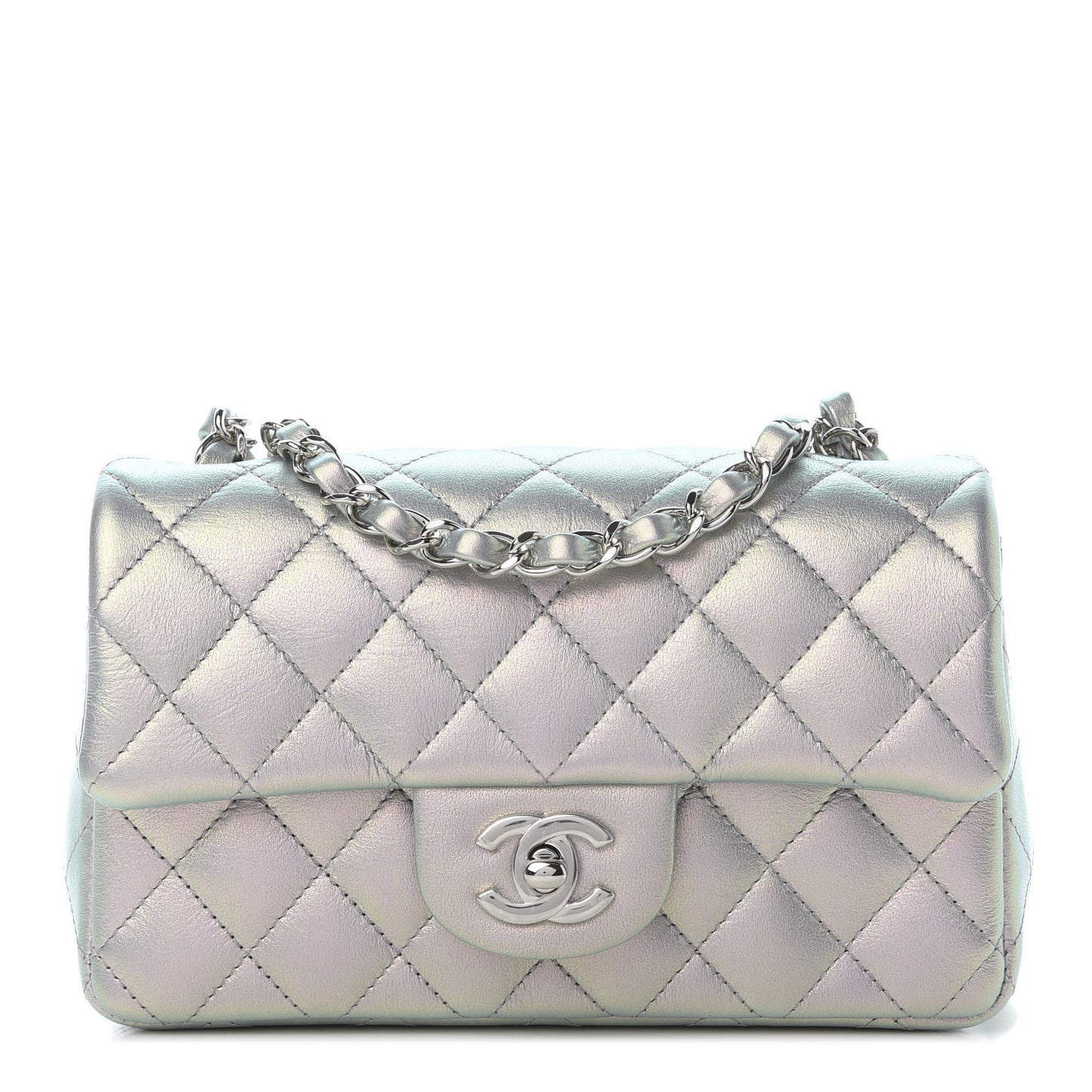 Iridescent Calfskin Quilted Mini Rectangular Flap Light Purple