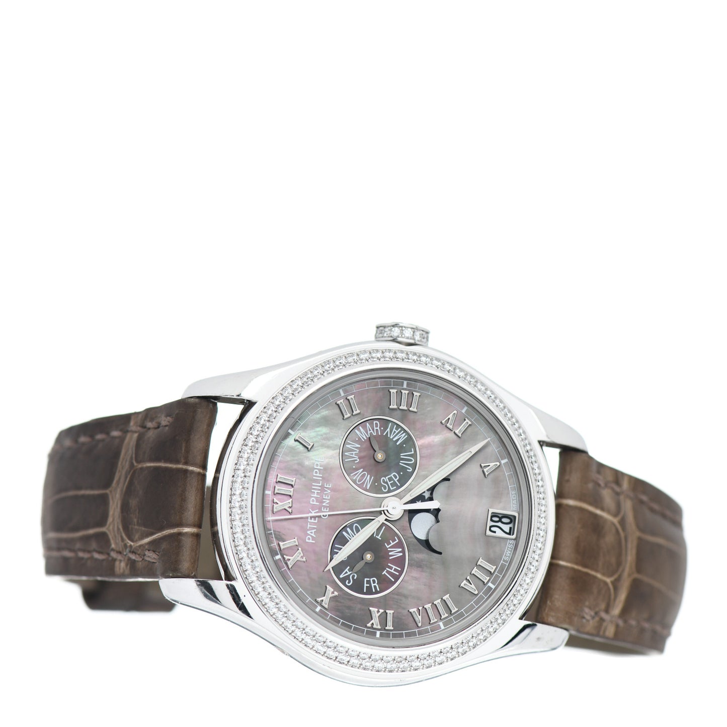 18K White Gold Alligator Diamond Black Mother of Pearl 37mm Annual Calendar Automatic Watch 4936-001