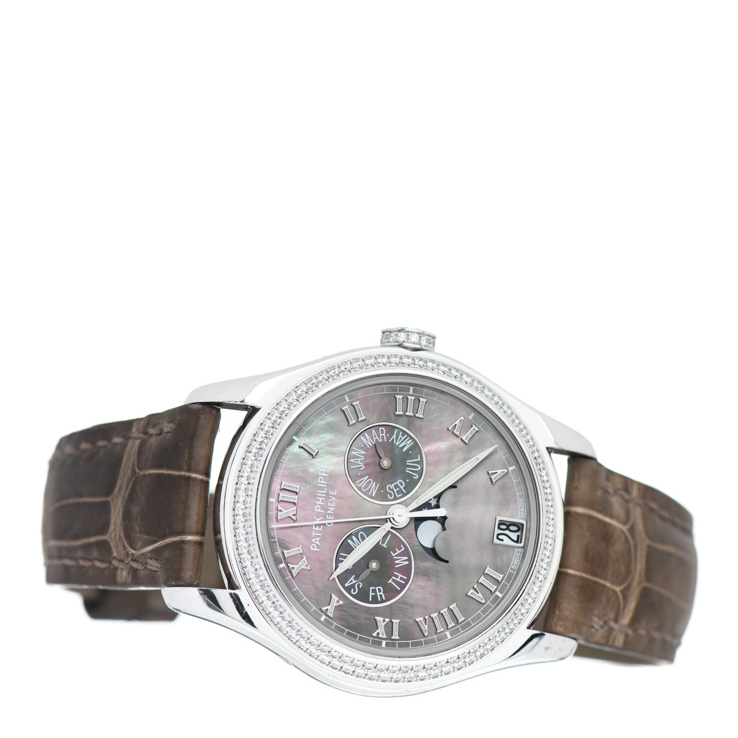 Patek Philippe 18K White Gold Alligator Diamond Black Mother of Pearl 37mm Annual Calendar Automatic Watch 4936-001 2 of 5