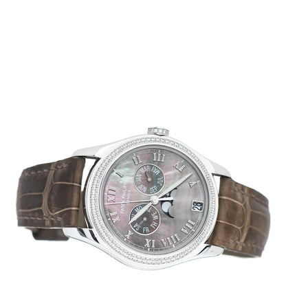 Patek Philippe 18K White Gold Alligator Diamond Black Mother of Pearl 37mm Annual Calendar Automatic Watch 4936-001 2 of 5