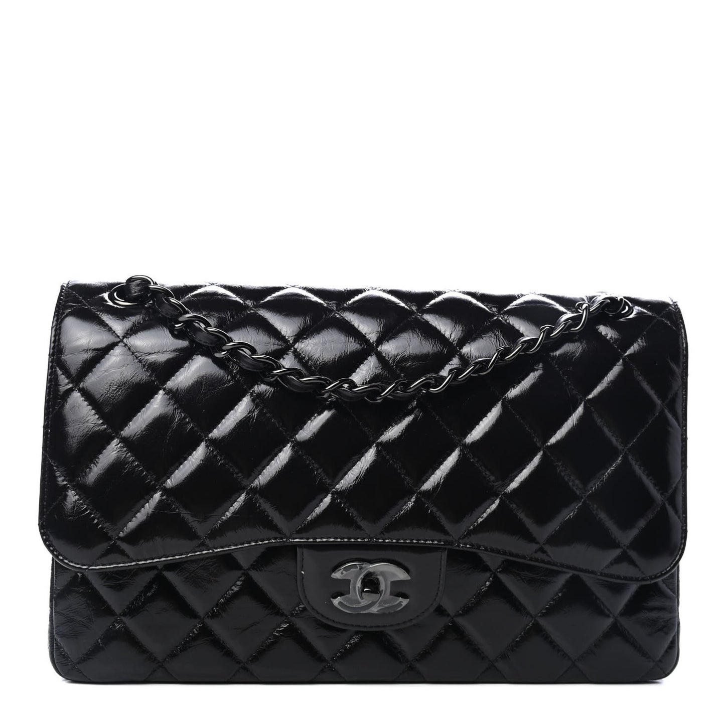 Shiny Distressed Calfskin Quilted Jumbo Double Flap So Black